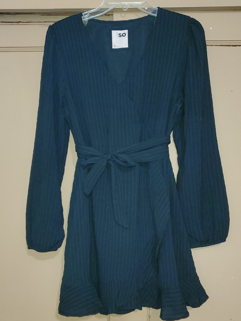 SO Black Long Sleeve Wrap Dress with Tie Waist